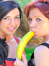 skinny naked, Rita and Madeline masturbating with bananas